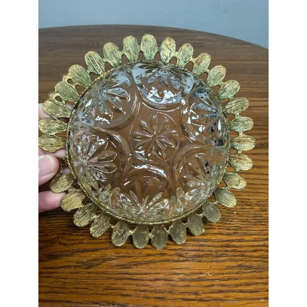 Celeste Gold‎ Tone Metal Leaf Filigree Cut Glass Trinket Bowl Vintage